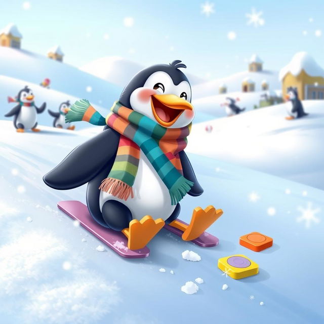 A cute penguin wearing a colorful scarf, joyfully playing a game called Frosted Frenzy in a snowy setting