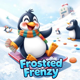 A cute penguin wearing a colorful scarf, joyfully playing a game called Frosted Frenzy in a snowy setting