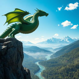 A fierce dragon with shimmering emerald scales perched majestically atop a rocky cliff, overlooking a vast, misty valley