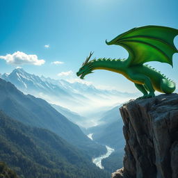 A fierce dragon with shimmering emerald scales perched majestically atop a rocky cliff, overlooking a vast, misty valley