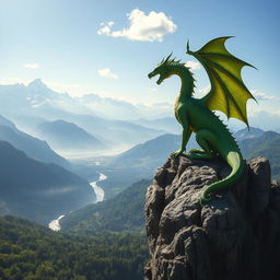 A fierce dragon with shimmering emerald scales perched majestically atop a rocky cliff, overlooking a vast, misty valley