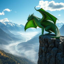 A fierce dragon with shimmering emerald scales perched majestically atop a rocky cliff, overlooking a vast, misty valley