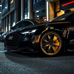 A 2024 Audi RS7 Performance in sleek Nero Nemesis Black, showcasing bold mustard yellow brake calipers that contrast beautifully with the dark exterior