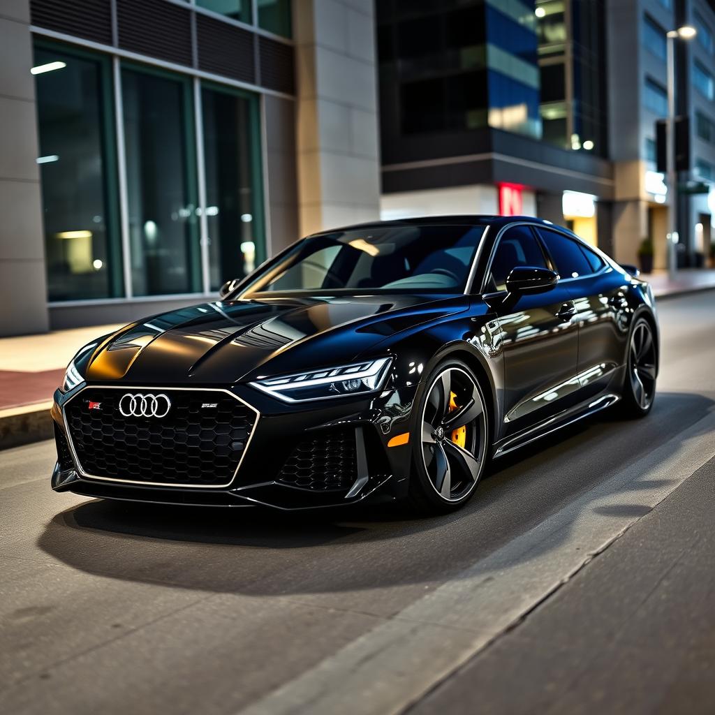 A 2024 Audi RS7 Performance in sleek Nero Nemesis Black, showcasing bold mustard yellow brake calipers that contrast beautifully with the dark exterior