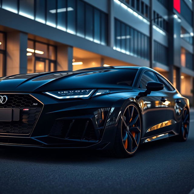 A 2024 Audi RS7 Performance in sleek Nero Nemesis Black, showcasing bold mustard yellow brake calipers that contrast beautifully with the dark exterior