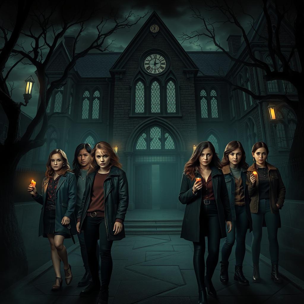 A suspenseful mystery thriller set in a shadowy, gothic school