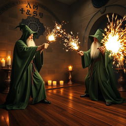 In an enchanting duel club setting, two wizards dressed in flowing green robes channel their magic as they confront one another