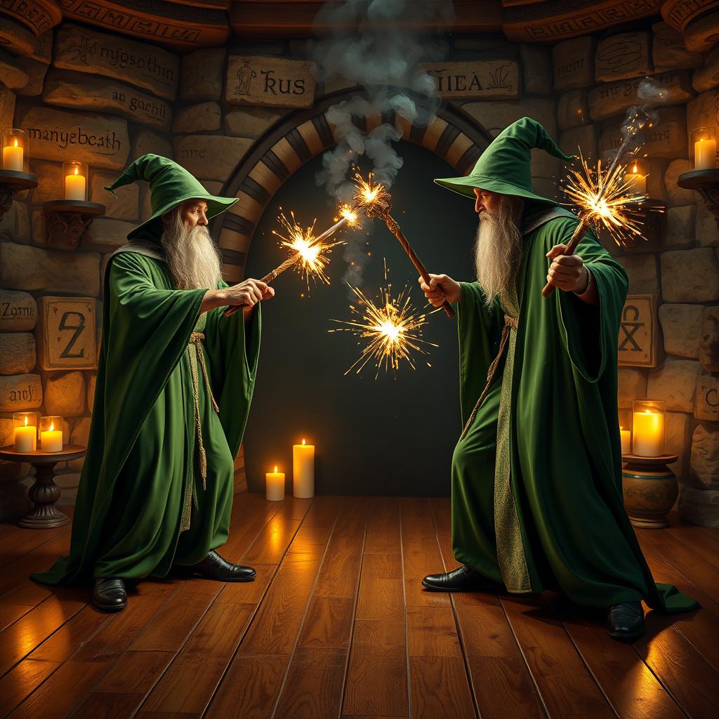 In an enchanting duel club setting, two wizards dressed in flowing green robes channel their magic as they confront one another