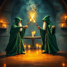 In an enchanting duel club setting, two wizards dressed in flowing green robes channel their magic as they confront one another