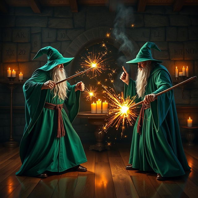 In an enchanting duel club setting, two wizards dressed in flowing green robes channel their magic as they confront one another