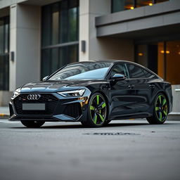 A 2024 Audi RS7 Performance in sleek Nero Nemesis Black, featuring striking olive green brake calipers that create a bold contrast with the dark body