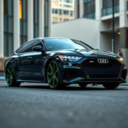 A 2024 Audi RS7 Performance in sleek Nero Nemesis Black, featuring striking olive green brake calipers that create a bold contrast with the dark body