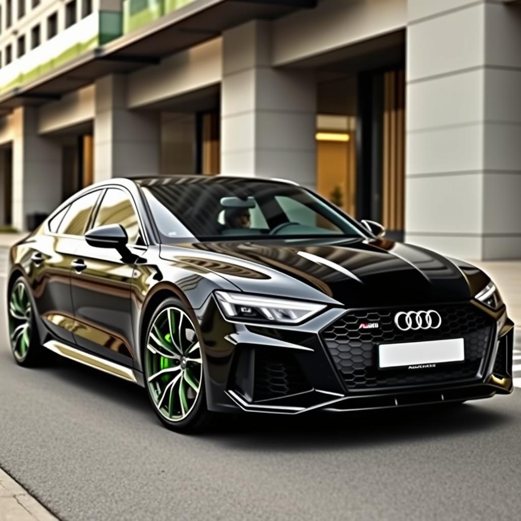 A 2024 Audi RS7 Performance in sleek Nero Nemesis Black, featuring striking olive green brake calipers that create a bold contrast with the dark body
