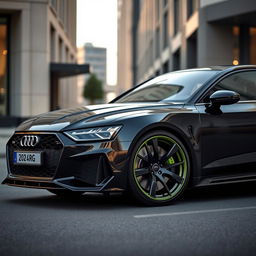 A 2024 Audi RS7 Performance in sleek Nero Nemesis Black, featuring striking olive green brake calipers that create a bold contrast with the dark body