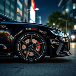 A 2024 Audi RS7 in sleek Nero Nemesis Black, featuring eye-catching red brake calipers that contrast vividly with the dark body
