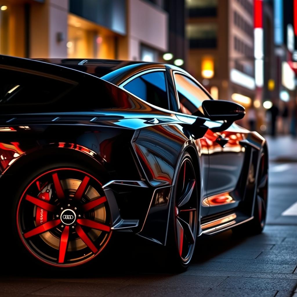 A 2024 Audi RS7 in sleek Nero Nemesis Black, featuring eye-catching red brake calipers that contrast vividly with the dark body