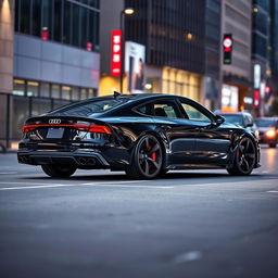 A 2024 Audi RS7 in sleek Nero Nemesis Black, featuring eye-catching red brake calipers that contrast vividly with the dark body