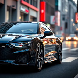 A 2024 Audi RS7 in sleek Nero Nemesis Black, featuring eye-catching red brake calipers that contrast vividly with the dark body