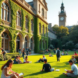 A high-class school environment, featuring an elegant, grand building with ivy climbing the walls and large, arched windows
