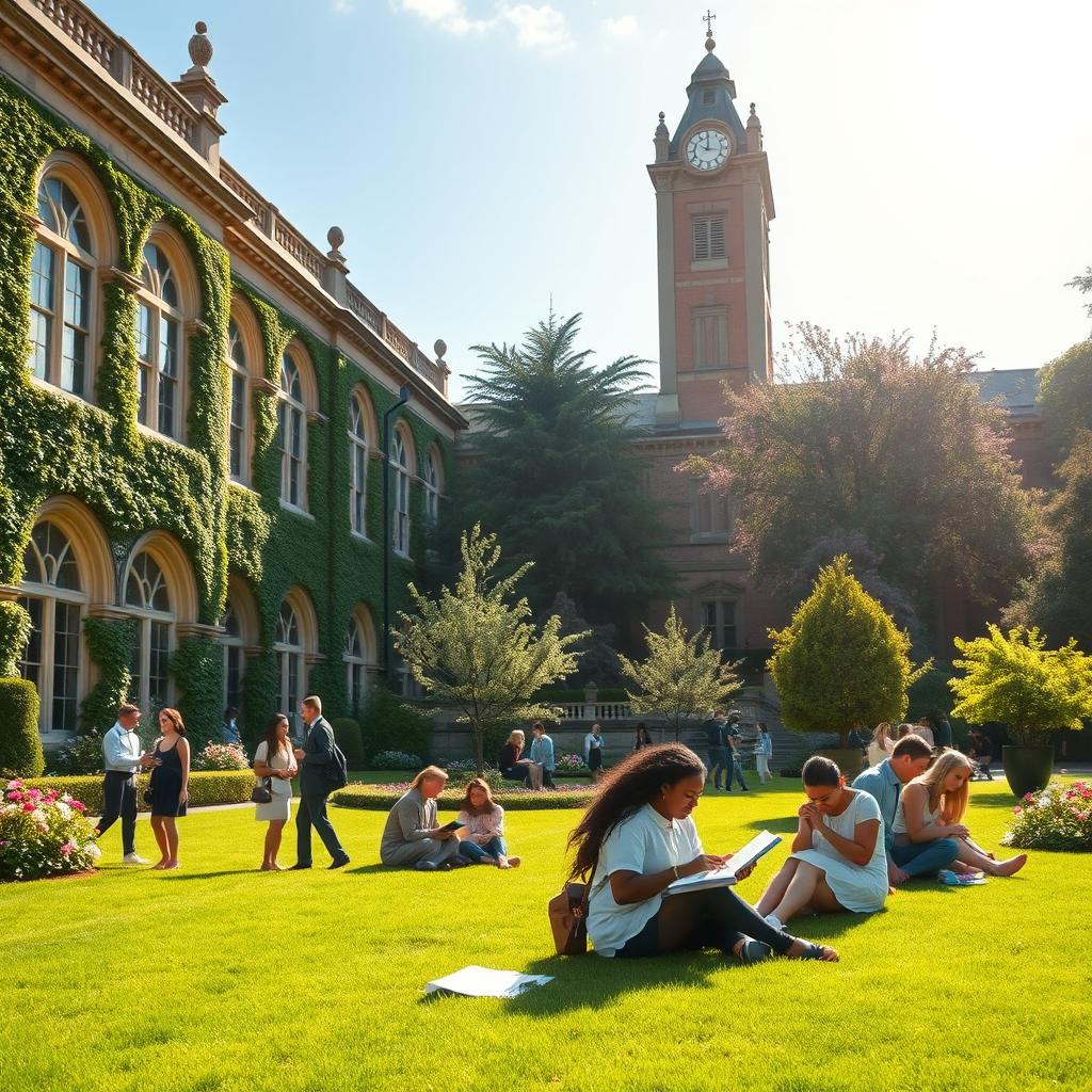 A high-class school environment, featuring an elegant, grand building with ivy climbing the walls and large, arched windows