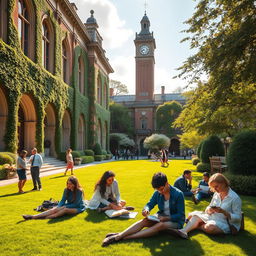 A high-class school environment, featuring an elegant, grand building with ivy climbing the walls and large, arched windows
