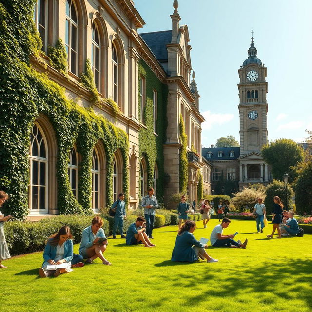A high-class school environment, featuring an elegant, grand building with ivy climbing the walls and large, arched windows