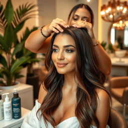 A luxurious hair treatment scene featuring a beautiful woman with long, shiny hair, being pampered in a chic salon setting
