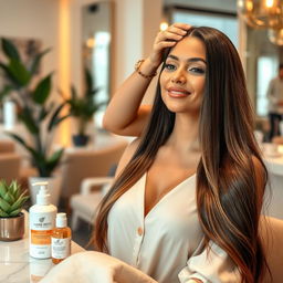 A luxurious hair treatment scene featuring a beautiful woman with long, shiny hair, being pampered in a chic salon setting