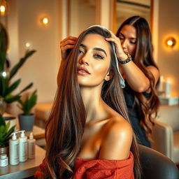 A luxurious hair treatment scene featuring a beautiful woman with long, shiny hair, being pampered in a chic salon setting