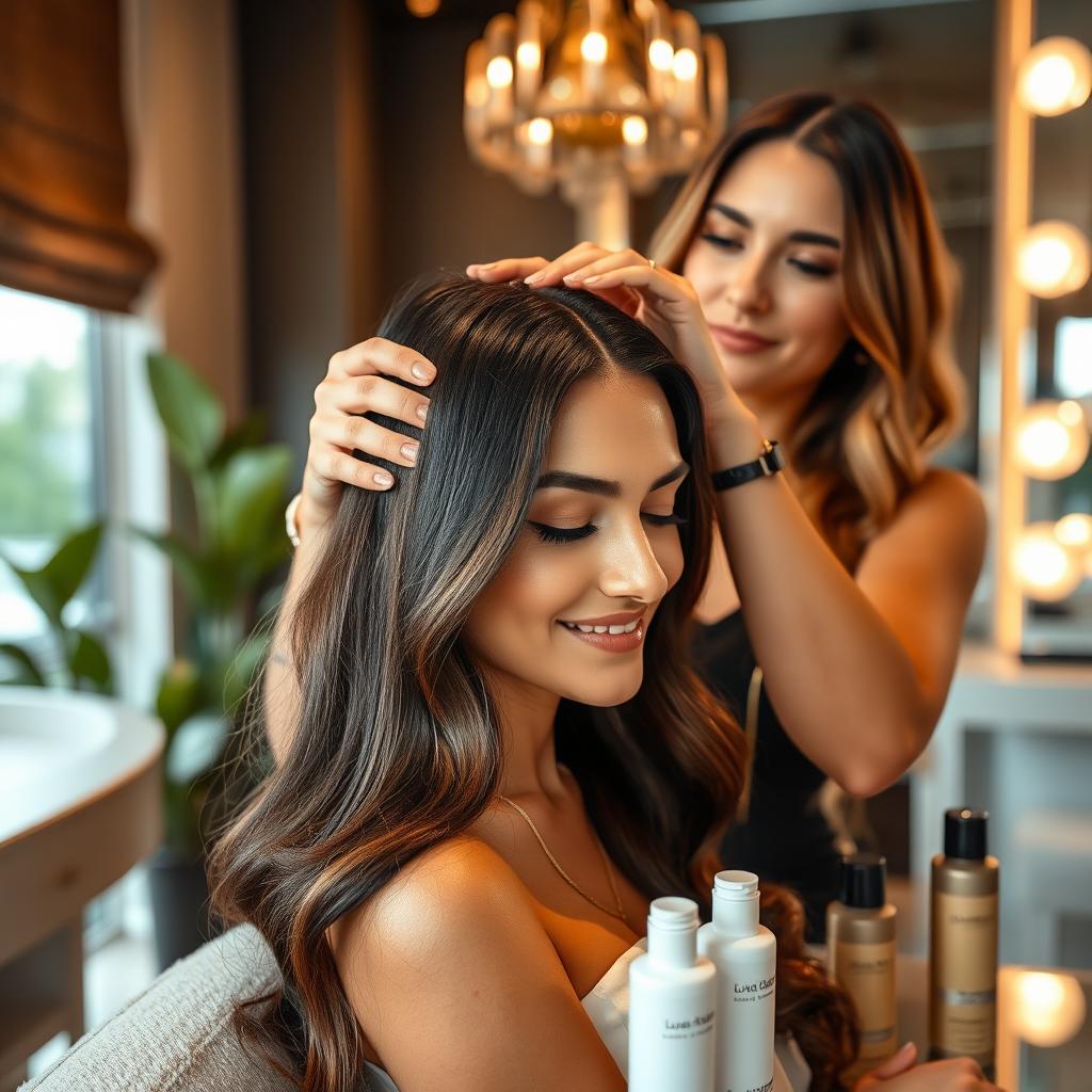 A luxurious hair treatment scene featuring a beautiful woman with long, shiny hair, being pampered in a chic salon setting