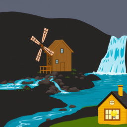 A scenic landscape featuring a charming brown watermill utilizing flowing water to generate energy, positioned near a stunning blue waterfall cascading down rocks