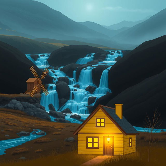 A scenic landscape featuring a charming brown watermill utilizing flowing water to generate energy, positioned near a stunning blue waterfall cascading down rocks