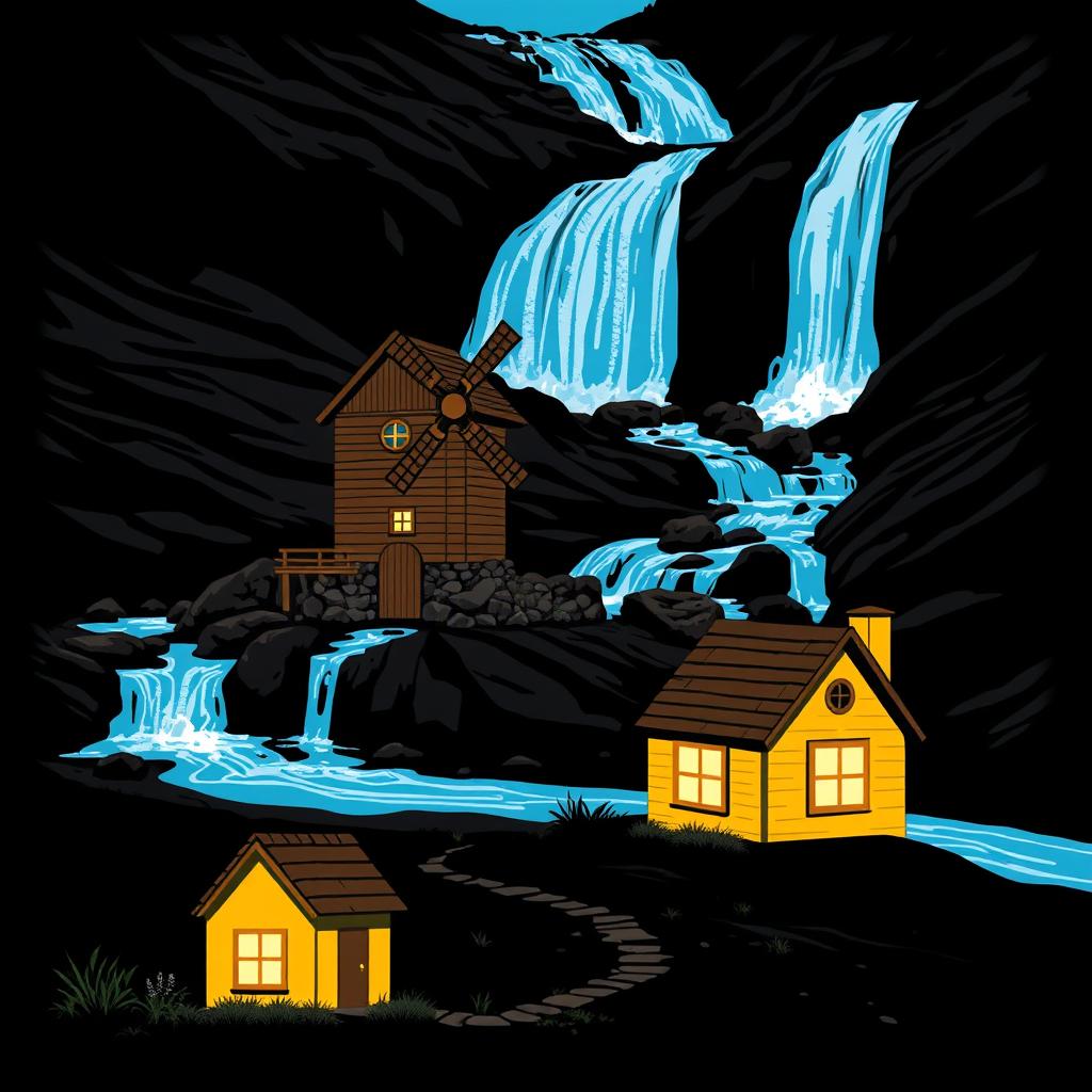 A scenic landscape featuring a charming brown watermill utilizing flowing water to generate energy, positioned near a stunning blue waterfall cascading down rocks