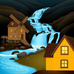A scenic landscape featuring a charming brown watermill utilizing flowing water to generate energy, positioned near a stunning blue waterfall cascading down rocks