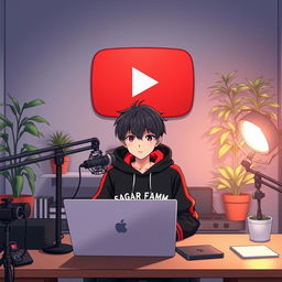 An anime boy sitting in front of a computer desk, engaged in content creation