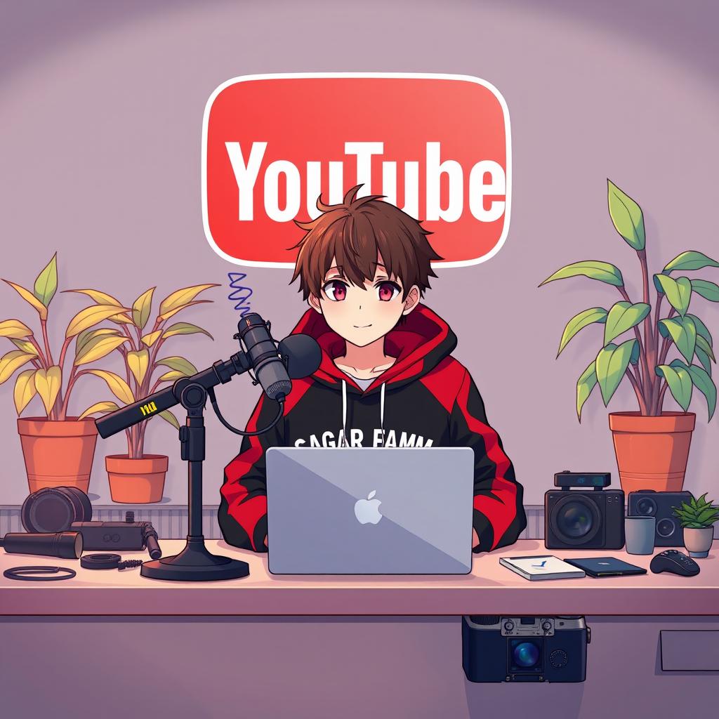 An anime boy sitting in front of a computer desk, engaged in content creation