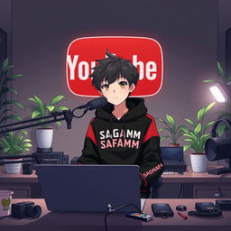 An anime boy sitting in front of a computer desk, engaged in content creation