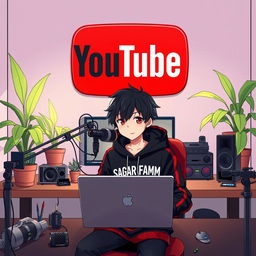 An anime boy sitting in front of a computer desk, engaged in content creation