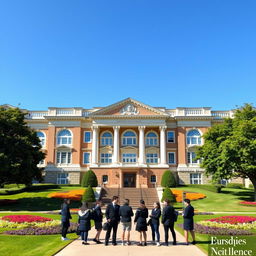 A grand, prestigious high class school building featuring stunning neo-classical architecture