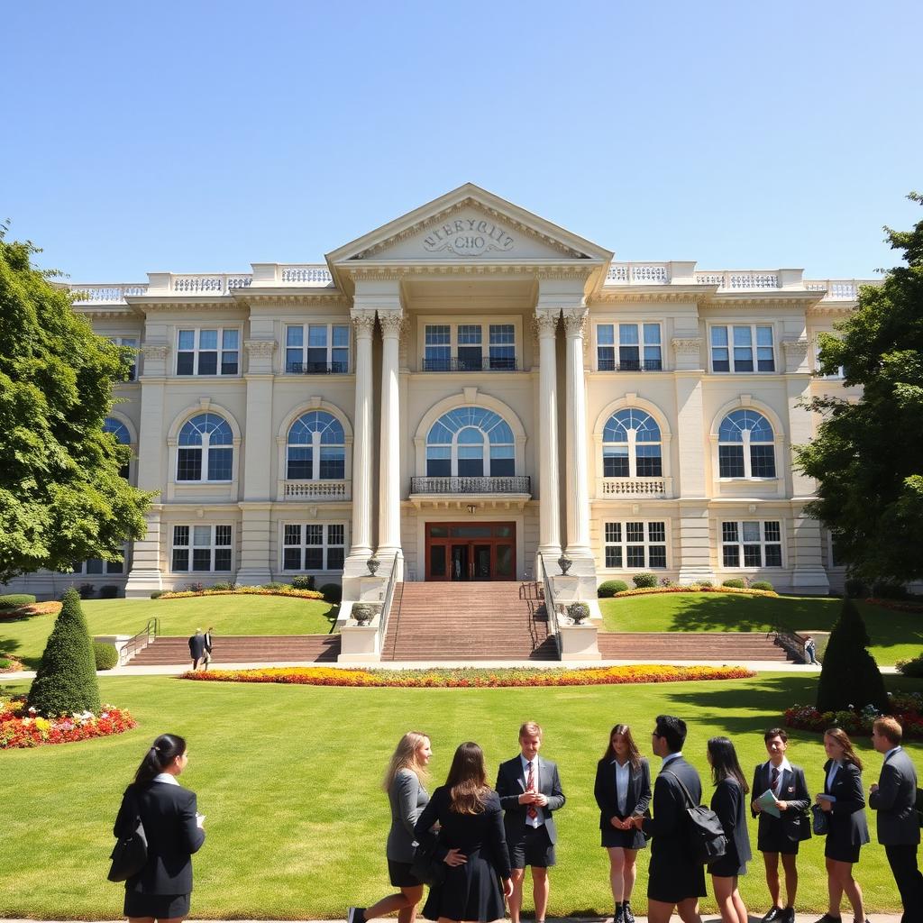 A grand, prestigious high class school building featuring stunning neo-classical architecture