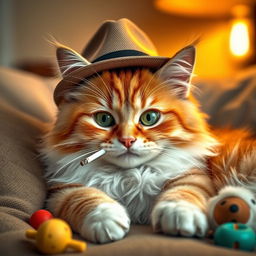 A fluffy and relaxed cat wearing a stylish hat, lounging comfortably while puffing on a small cigarette