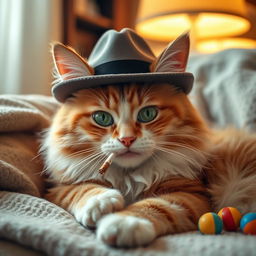 A fluffy and relaxed cat wearing a stylish hat, lounging comfortably while puffing on a small cigarette