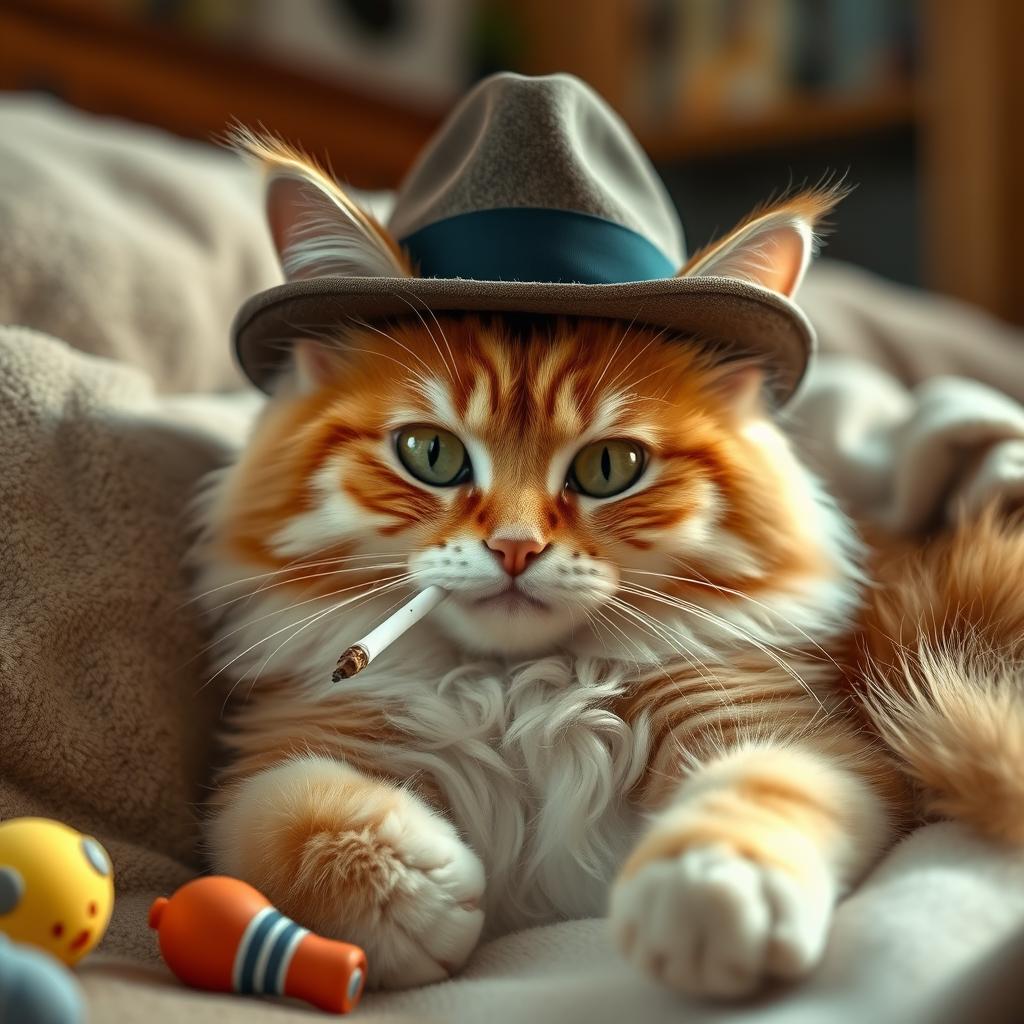 A fluffy and relaxed cat wearing a stylish hat, lounging comfortably while puffing on a small cigarette