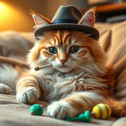 A fluffy and relaxed cat wearing a stylish hat, lounging comfortably while puffing on a small cigarette