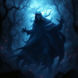 A dark and atmospheric fantasy scene featuring a powerful shadow figure cloaked in swirling shadows, emanating an aura of adrenaline and mystery