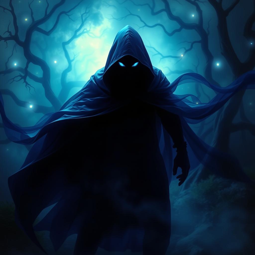 A dark and atmospheric fantasy scene featuring a powerful shadow figure cloaked in swirling shadows, emanating an aura of adrenaline and mystery