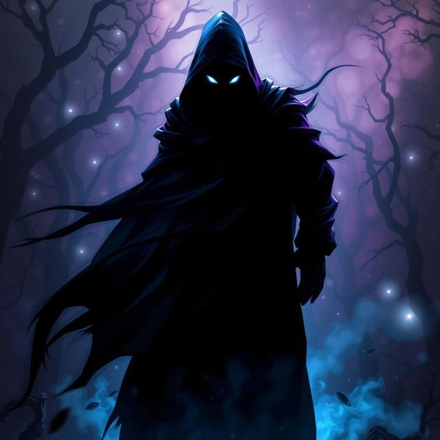 A dark and atmospheric fantasy scene featuring a powerful shadow figure cloaked in swirling shadows, emanating an aura of adrenaline and mystery