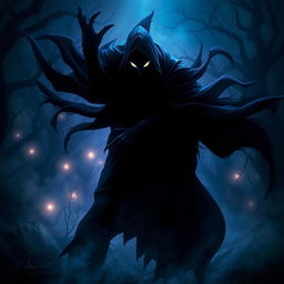 A dark and atmospheric fantasy scene featuring a powerful shadow figure cloaked in swirling shadows, emanating an aura of adrenaline and mystery
