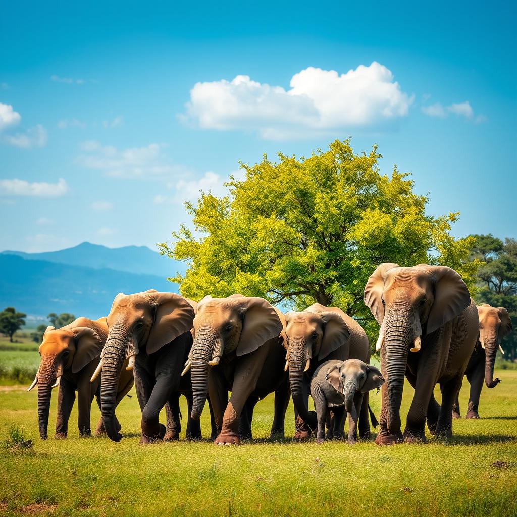 A majestic herd of 10 elephants gracefully walking through a lush green landscape, depicting their natural beauty and strength