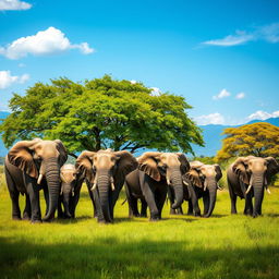 A majestic herd of 10 elephants gracefully walking through a lush green landscape, depicting their natural beauty and strength